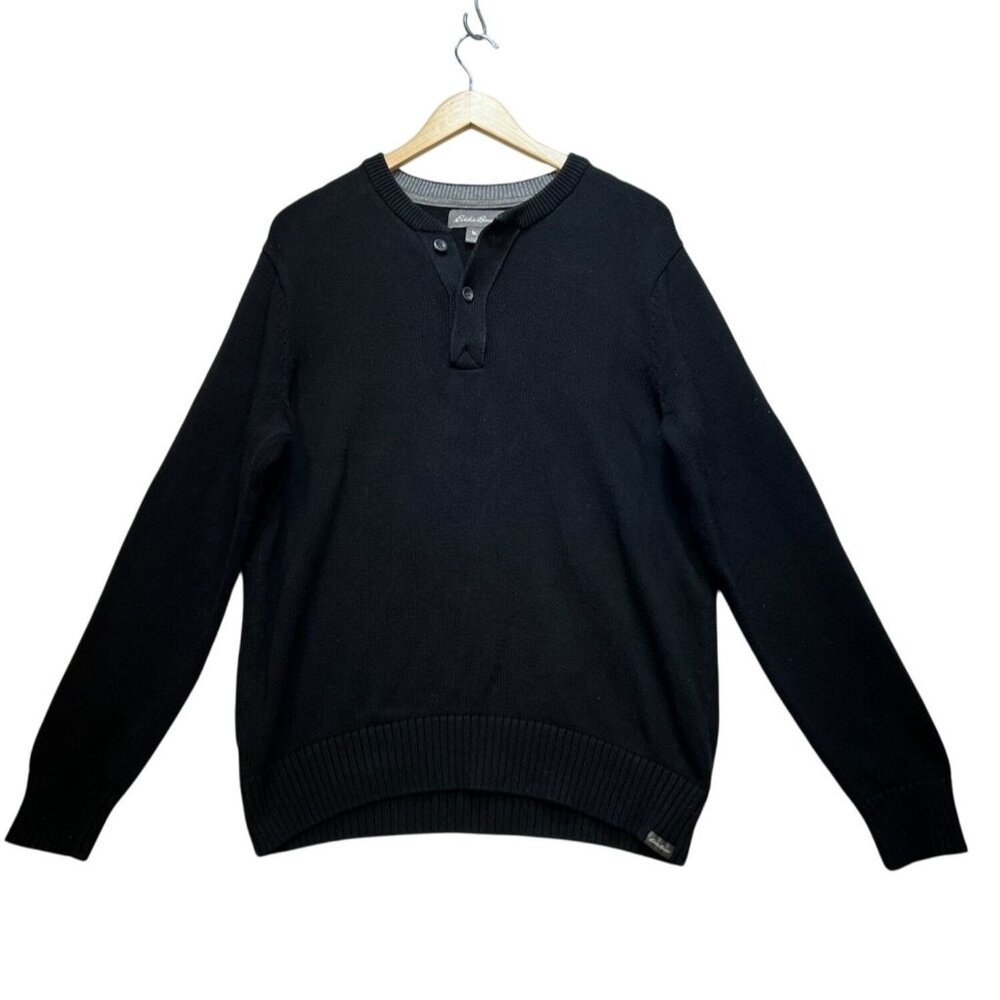 Eddie Bauer Mens Henley Sweater Large Black Pullover Knit Casual Travel Classic